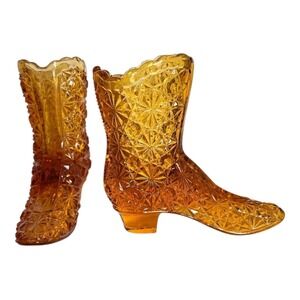 Fenton Hobnail Amber Glass Victorian Shoe with Buttons Bow Pattern 1970s